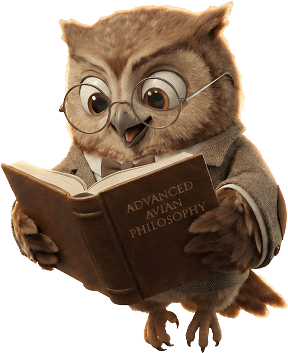 Búho leyendo filosofía aviar avanzada